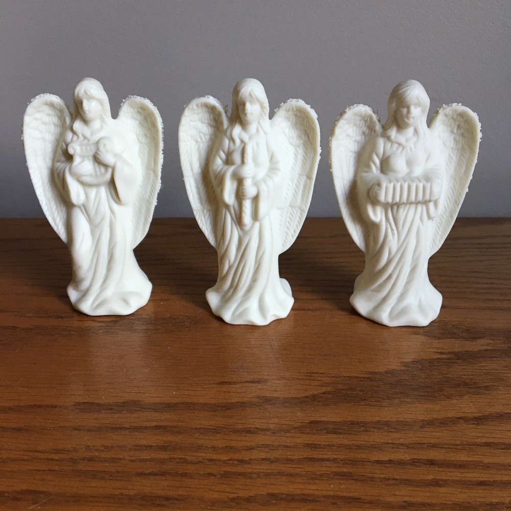 Vintage Angel Figurines‎ Set of 3 White Porcelain Bisque Instruments Musical